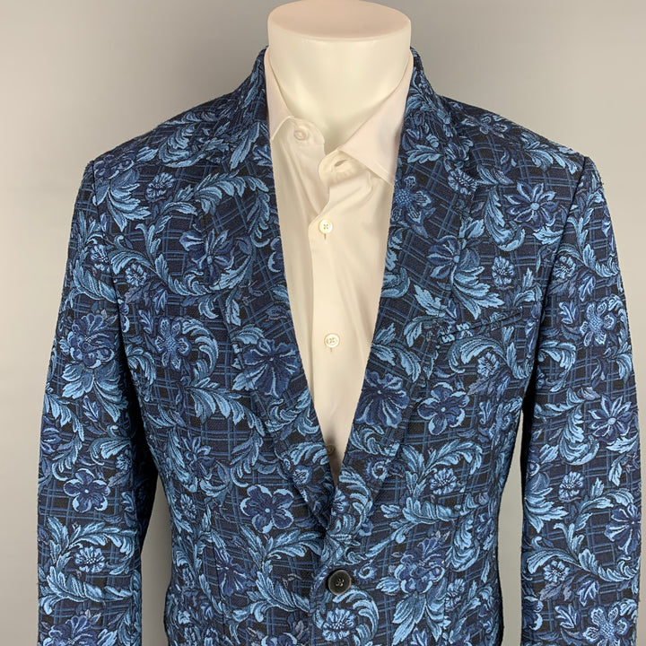 3.1 PHILLIP LIM Size 40 Navy & Blue Floral Viscose / Polyester Notch Lapel Sport Coat