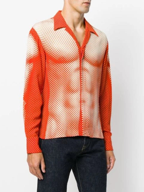 JEAN PAUL GAULTIER Printemps 1996 Taille L Chemise Imprimé Trompe l'œil Torse Rouge Beige