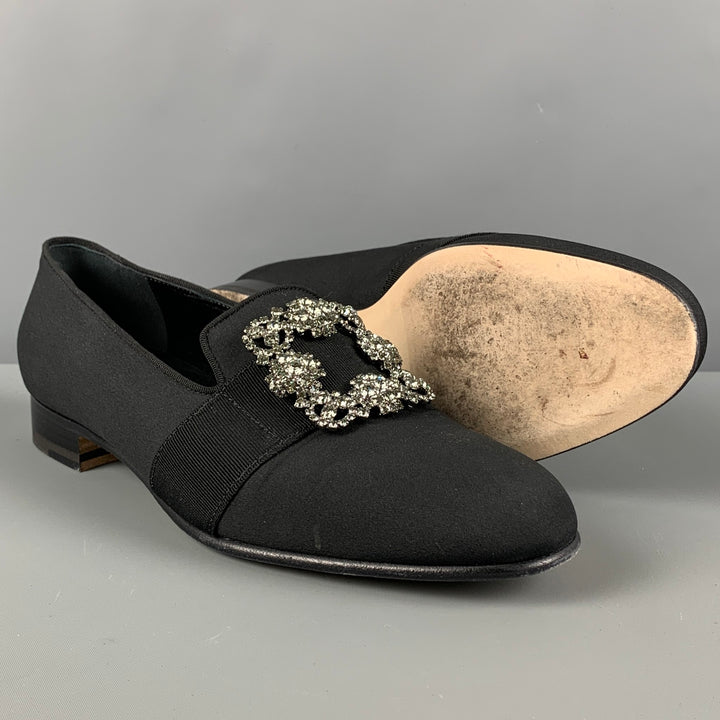 MANOLO BLAHNIK Size 9 Black Applique Silk Slip On Loafers