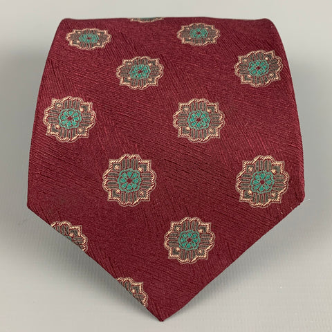 GIORGIO ARMANI Burgundy Green Abstract Floral Silk Tie