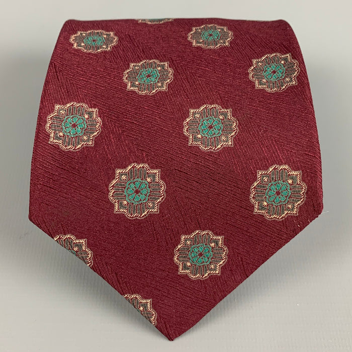 GIORGIO ARMANI Burgundy Green Abstract Floral Silk Tie