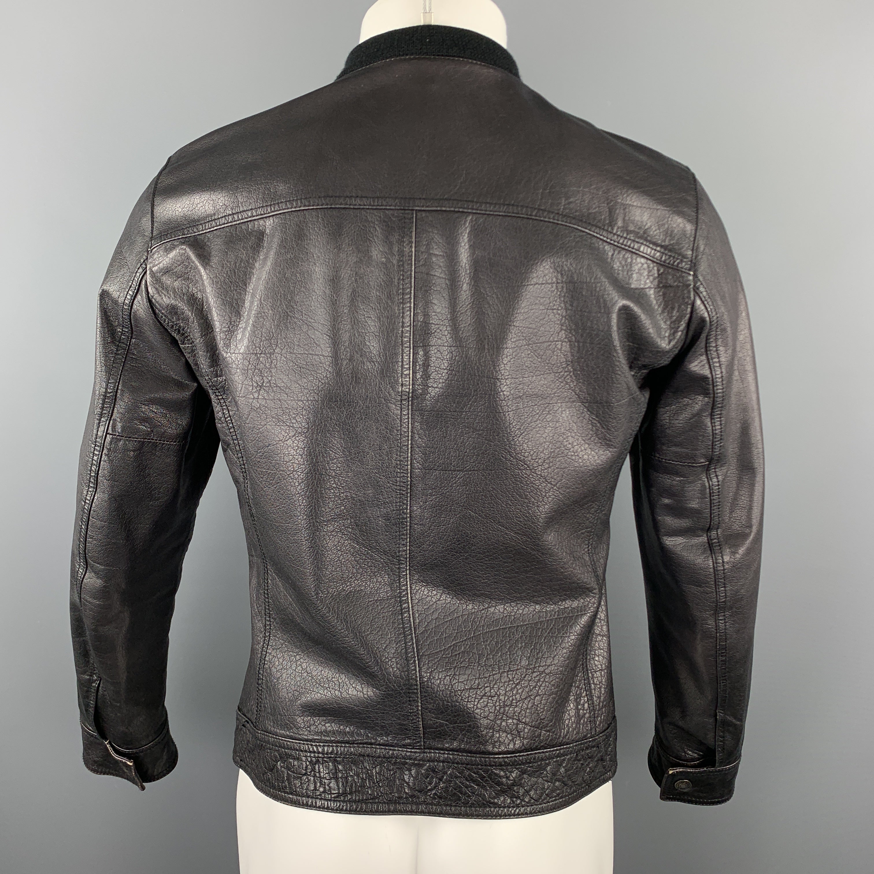 EMPORIO ARMANI Size S Black Leather Full Zip Patch Pockets