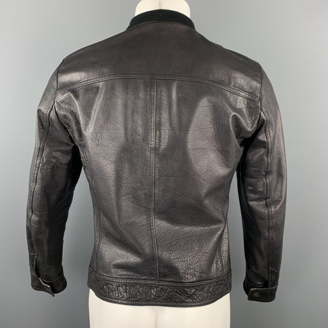 EMPORIO ARMANI Size S Black Leather Full Zip Patch Pockets Distressed Jacket