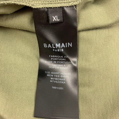 BALMAIN Size XL Olive Logo Cotton Crew-Neck T-shirt