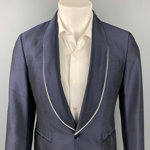 SALVATORE FERRAGAMO Size 38 Regular Navy Silk Shawl Lapel Sport Coat