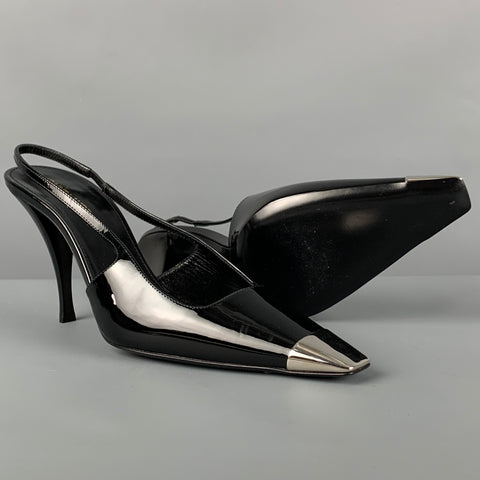SAINT LAURENT Talla 7.5 Zapatos de tacón Vesper con tira trasera en charol negro y plateado