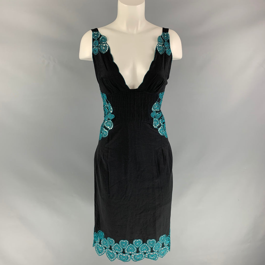 CATHERINE MALANDRINO Size 2 Black Turquoise Cotton Embroidered Dress Sui Generis Designer Consignment CATHERINE MALANDRINO Size 2 Black Turquoise Cotton Embroidered Dress Sui Generis Designer Consignment
