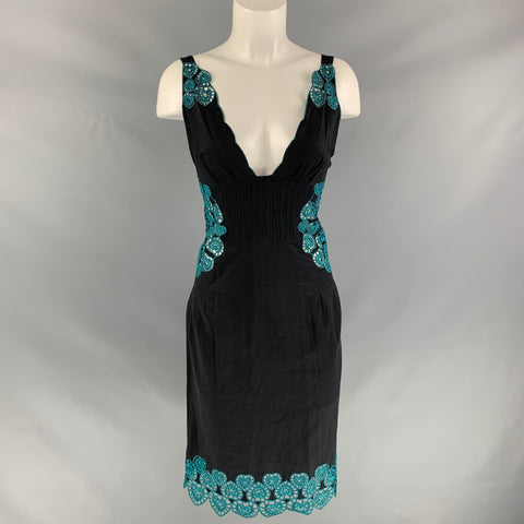 CATHERINE MALANDRINO Size 2 Black Turquoise Cotton Embroidered Dress