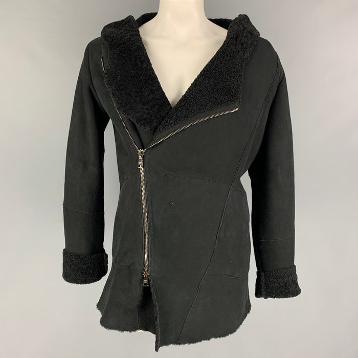 GIORGIO BRATO Size 44 Black Leather Hooded Aysmmetrical Coat