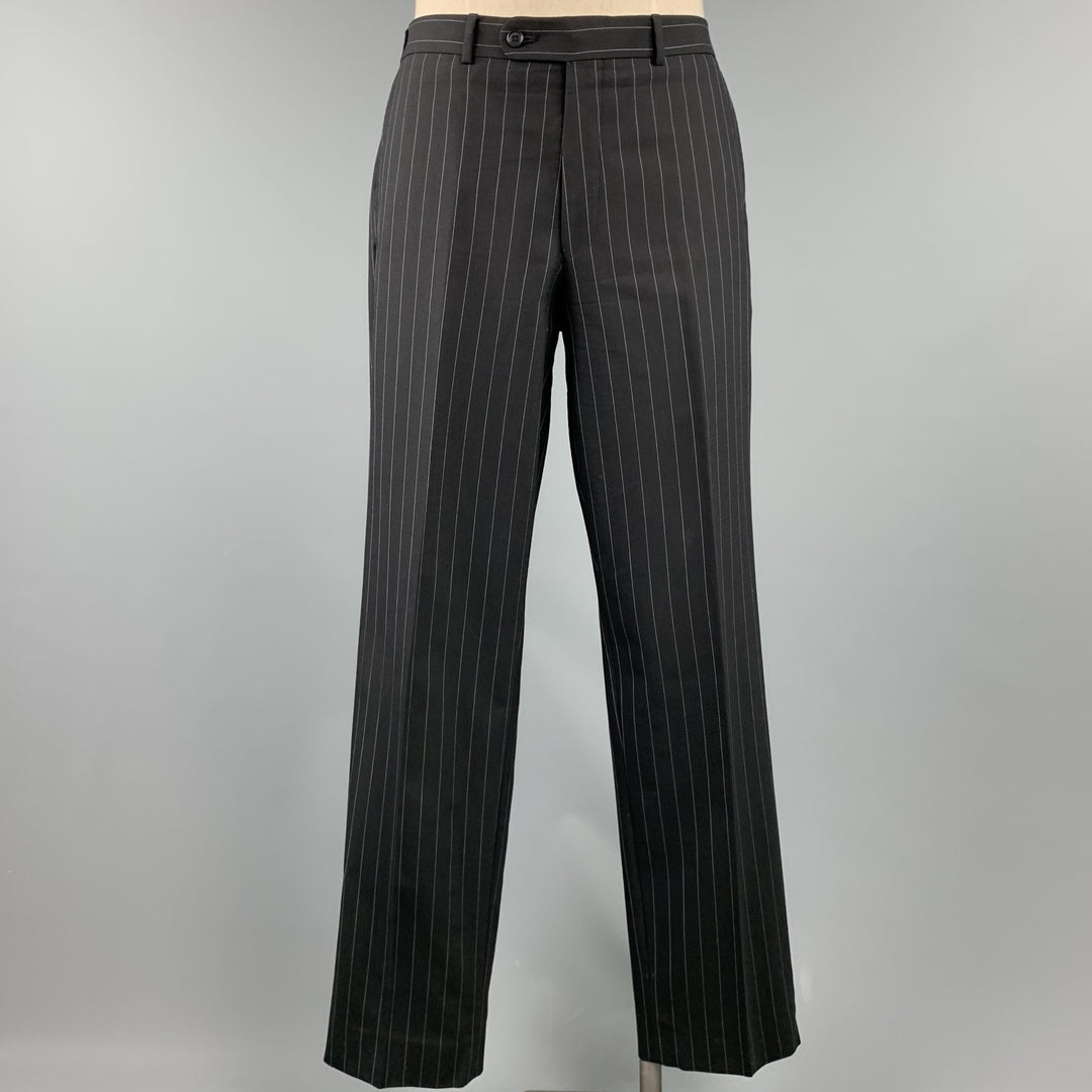 JOHN BARTLETT Size 40 Regular Black Chalkstripe Wool Notch Lapel Suit