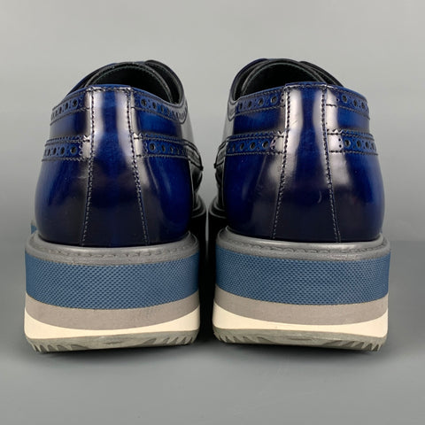 PRADA Size 9 Blue Perforated Leather Wingtip Platform Lace Up Shoes