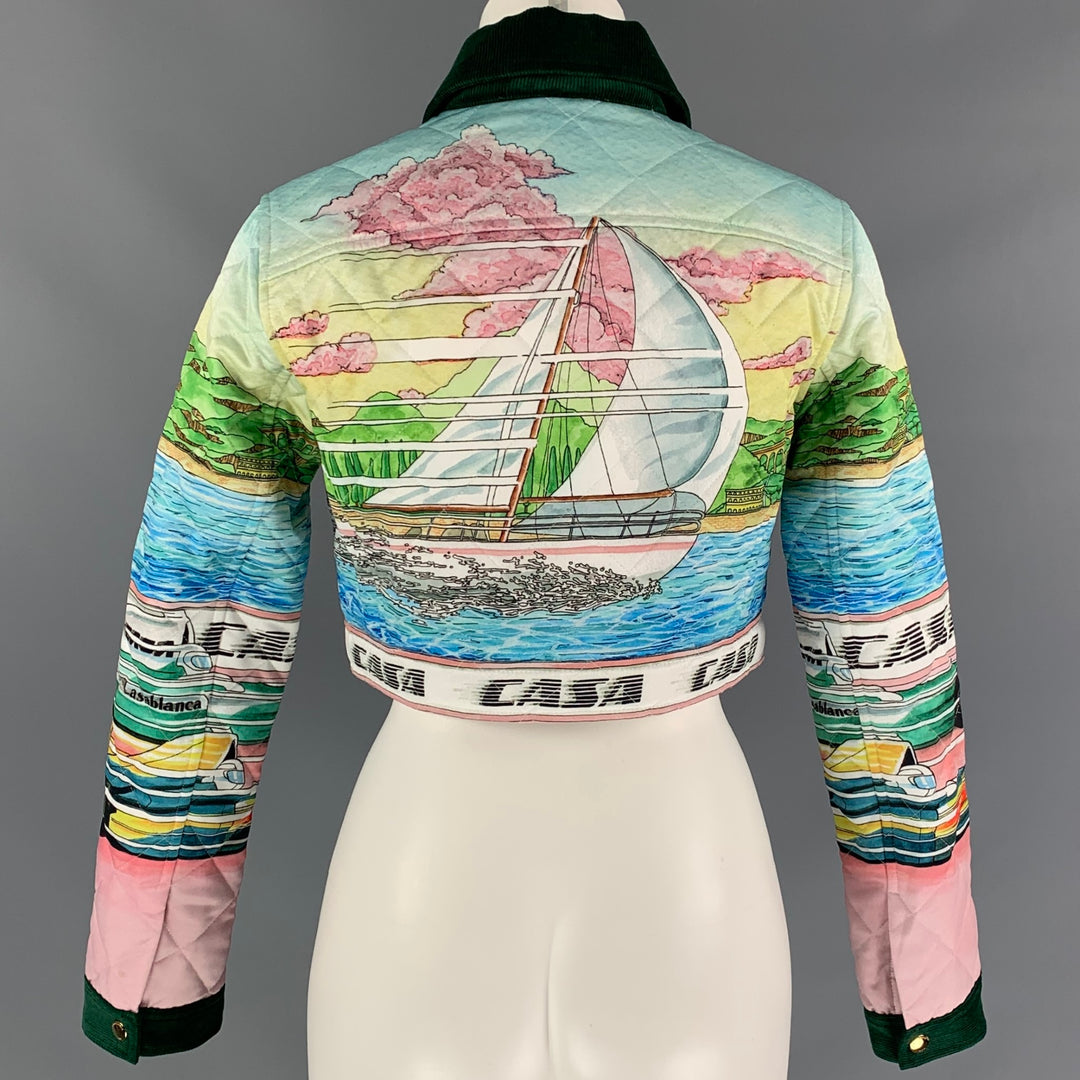 CASABLANCA Size XS Multi-Color Printed Satin Cropped Jacket