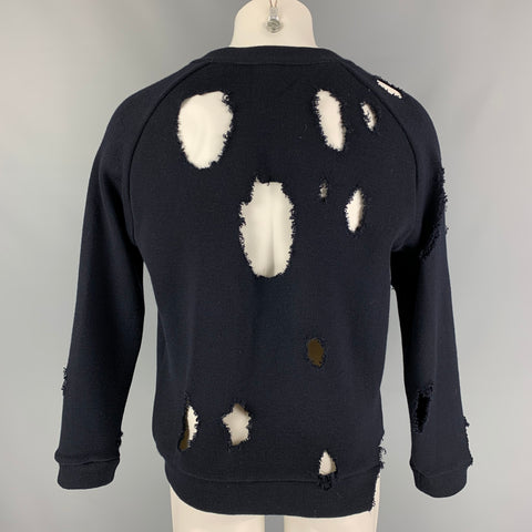 LOVERBOY Size S Navy White Distressed Wool Blend Raw Edge Cardigan