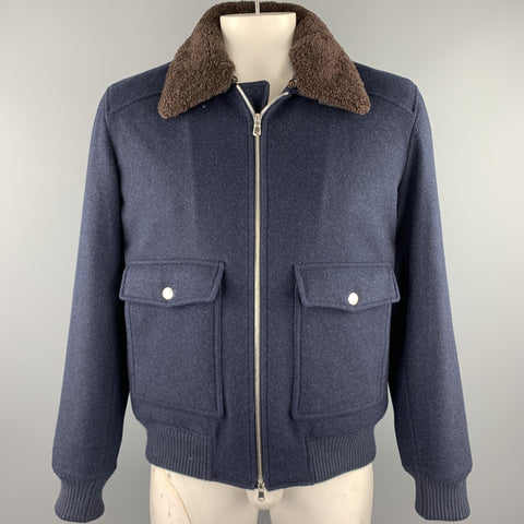 BRUNELLO CUCINELLI Size XL Navy Cashmere Zip Up Fur Collar Jacket
