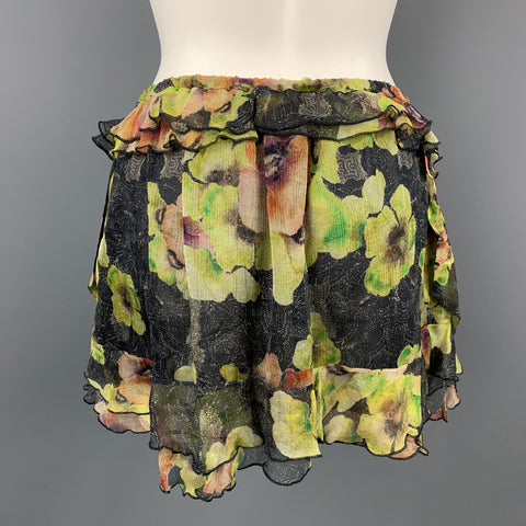 ISABEL MARANT Size 4 Black & Green Chiffon Floral Silk Skirt
