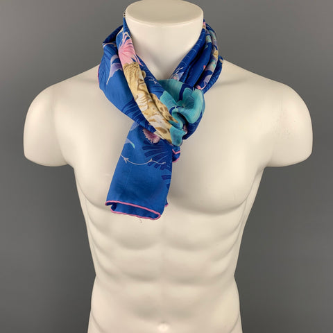 SALVATORE FERRAGAMO Blue & Lavender Print Silk Large Scarf