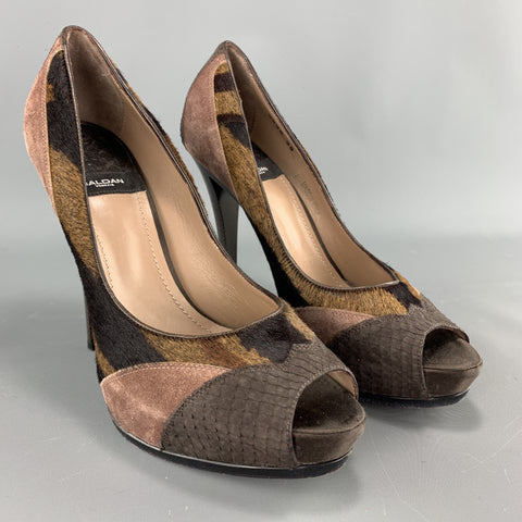 BALDAN Talla 8 Zapatos de tacón peep toe con plataforma de pelo de caballo con estampado de tigre y ante marrón