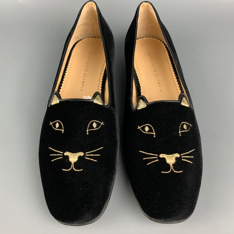 CHARLOTTE OLYMPIA Size 11 Black & Gold Embroidery Velvet Slip On Loafers