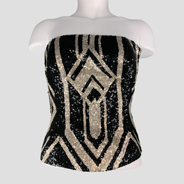 RALPH LAUREN COLLECTION Size 0  Black & Silver Silk Art Deco Sequined Bustier Dress Top