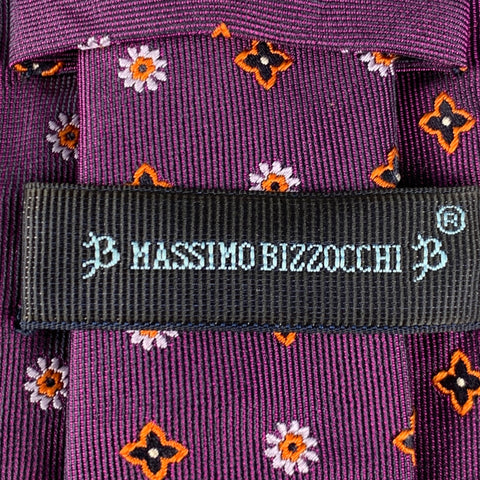 MASSIMO BIZZOCCHI Purple Orange Abstract Floral Silk Tie