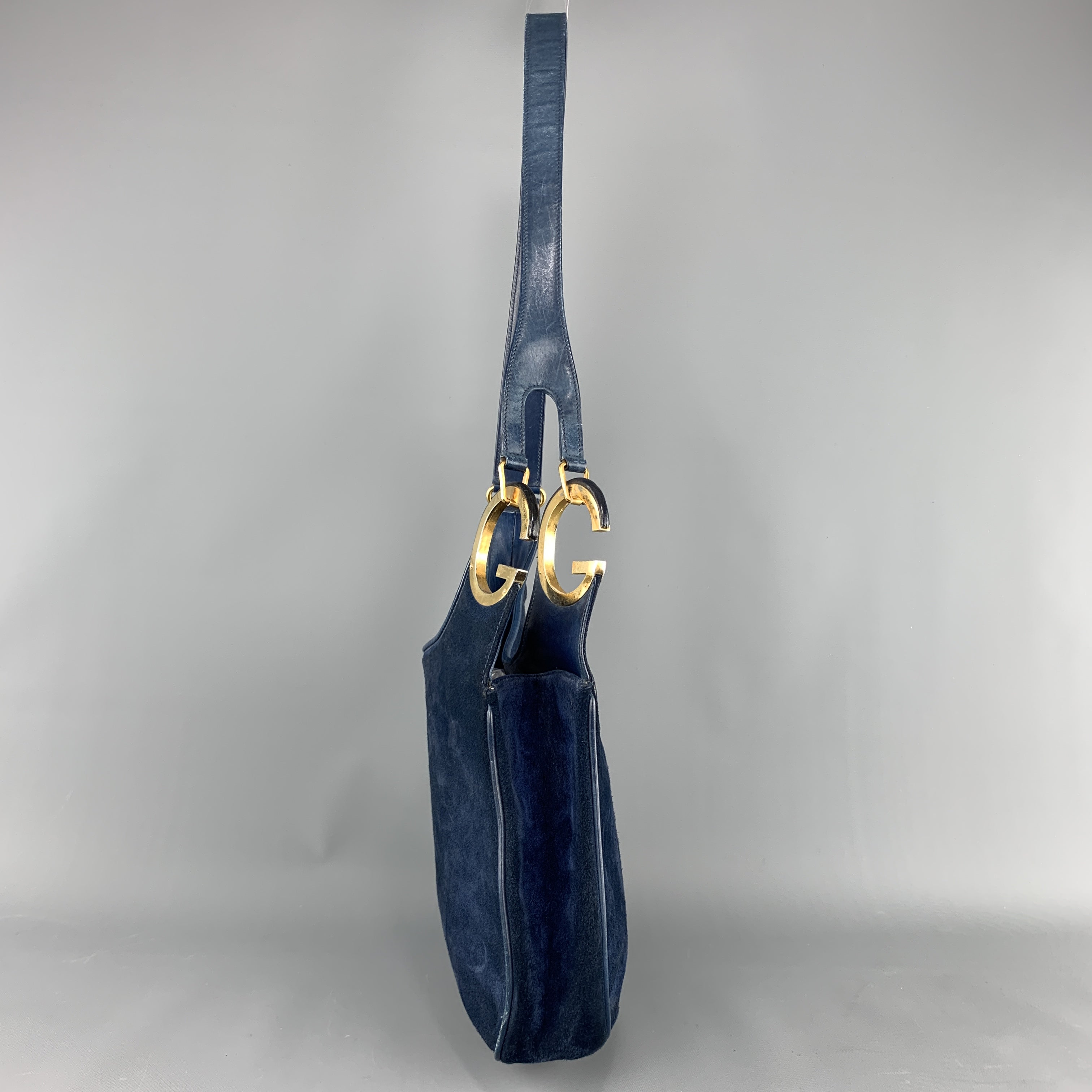 Vintage GUCCI Navy Blue Suede Gold Tone GG Shoulder Bag Sui