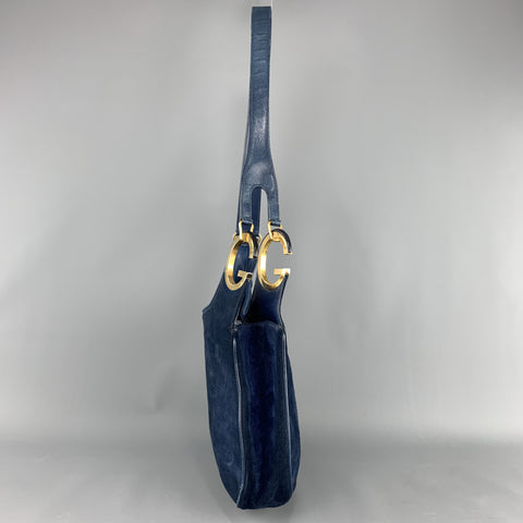 Vintage GUCCI Navy Blue Suede Gold Tone GG Shoulder Bag