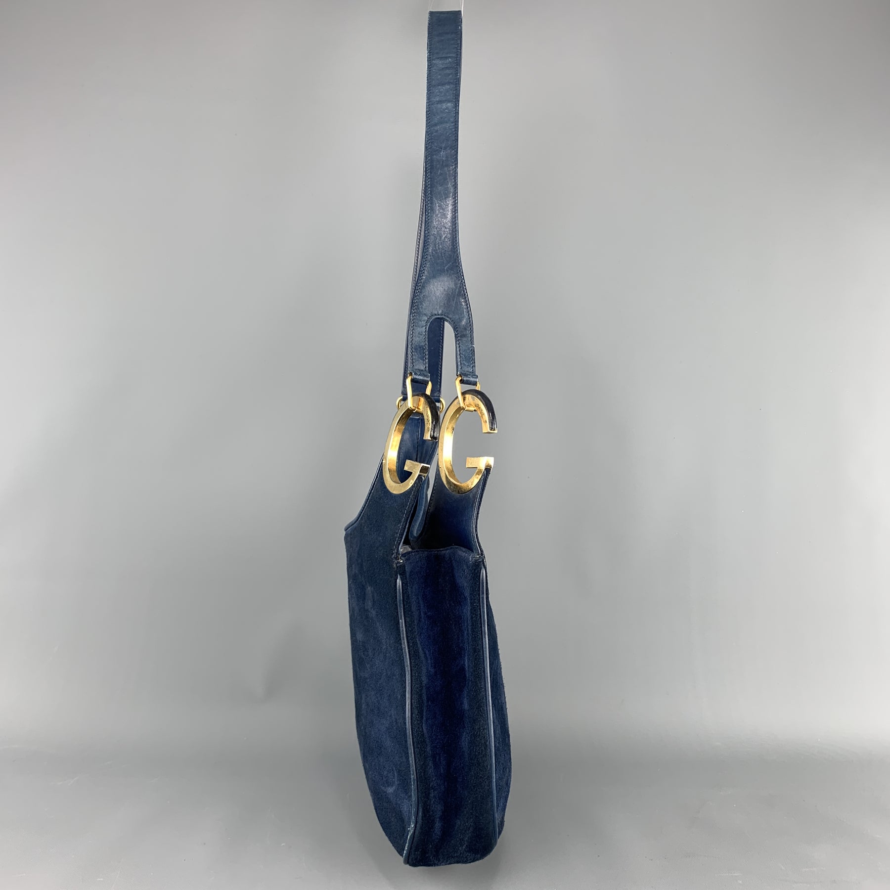 1970s Gucci Large Navy Blue Suede Vintage 70s Hobo Shoulder Bag