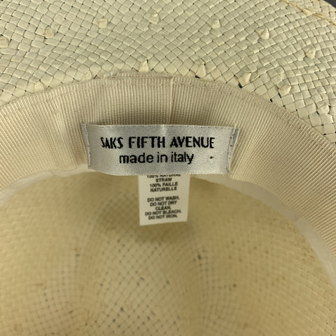 SAKS FIFTH AVENUE Cream Woven Straw Navy Stripe Fedora