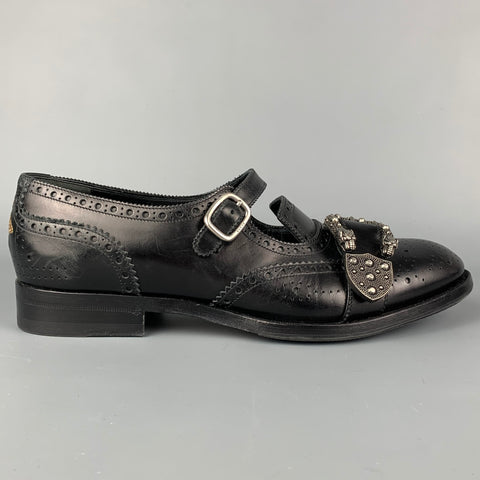 GUCCI Talla 9 Mocasines con hebilla de cabeza de tigre de cuero perforado negro