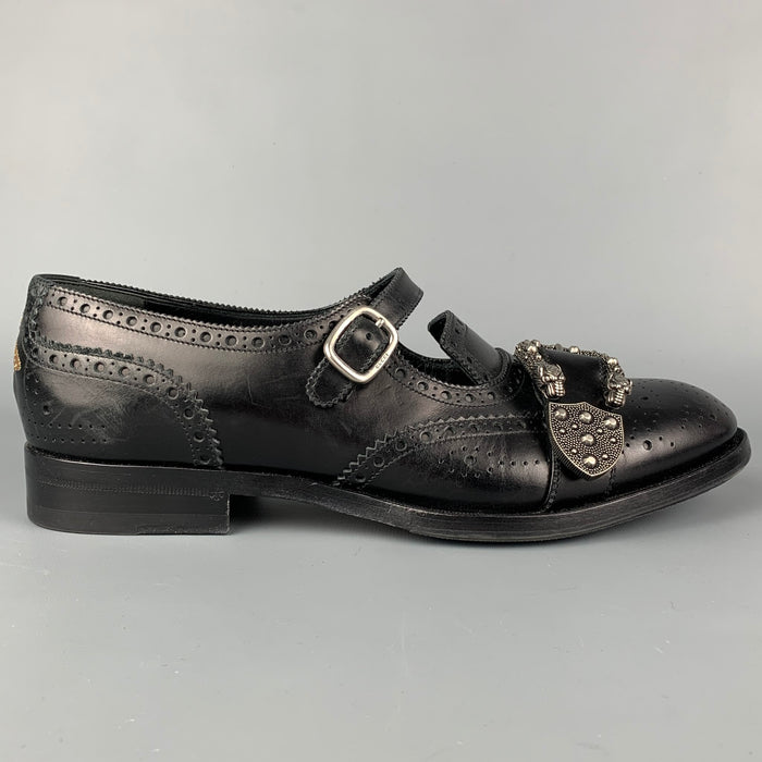 GUCCI Size 9 Black Perforated Leather Tiger's Head Buckle Loafers