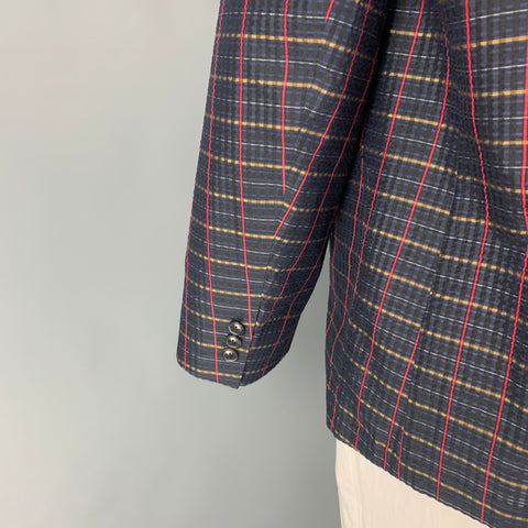 TOMORROWLAND Size 42 Navy Red Plaid Silk Notch Lapel Sport Coat