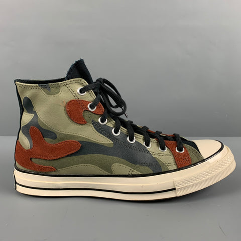 CONVERSE Size 10.5 Green Orange Camo Canvas High Top Sneakers
