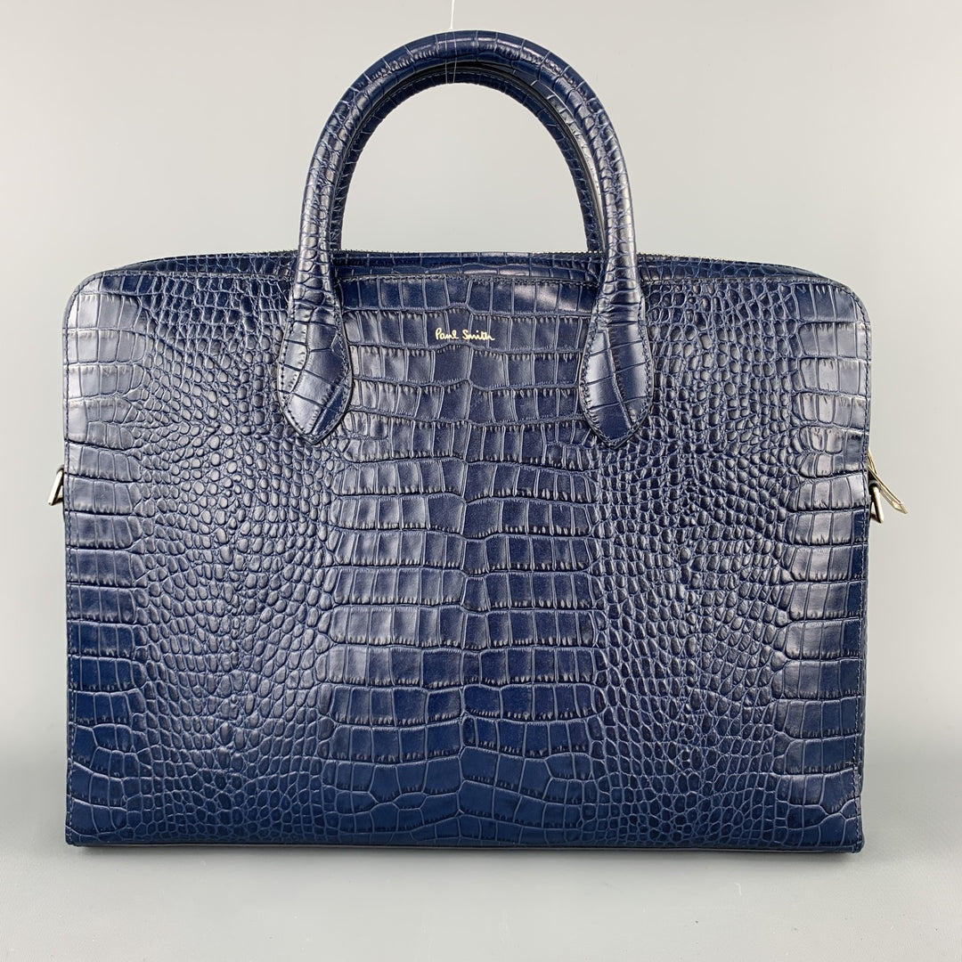 PAUL SMITH Navy Crocodile Embossed Leather Laptop Case Briefcase