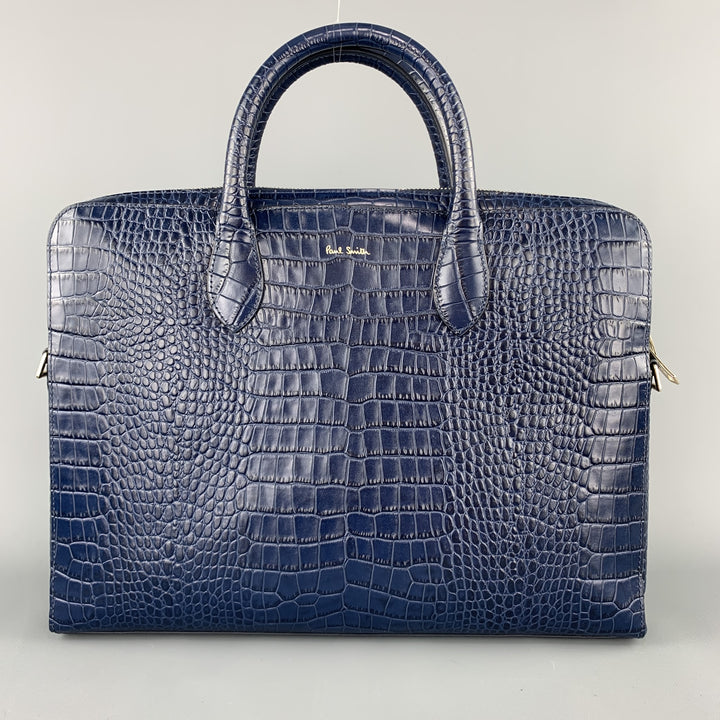 PAUL SMITH Navy Crocodile Embossed Leather Laptop Case Briefcase