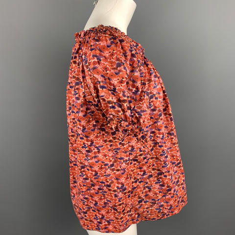 CAROLINA HERRERA Size 4 Red Floral Poplin Cotton Bohemian Blouse