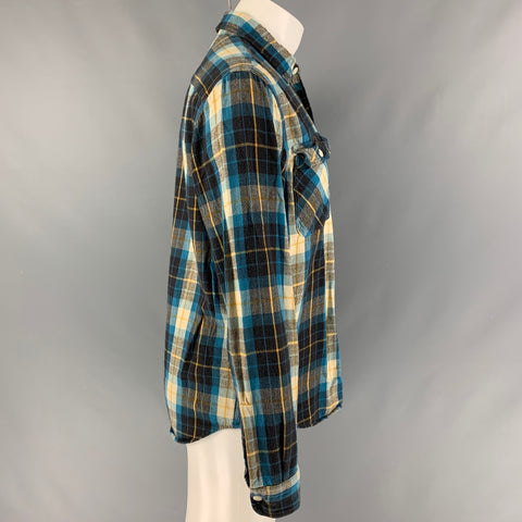 RRL by RALPH LAUREN Size M Blue Brown Plaid Cotton Flanel Long Sleeve Shirt