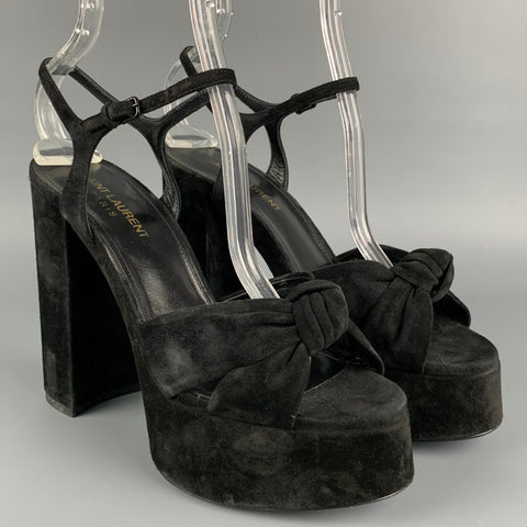 SAINT LAURENT Size 7.5 Black Suede Platform Bianca Sandals