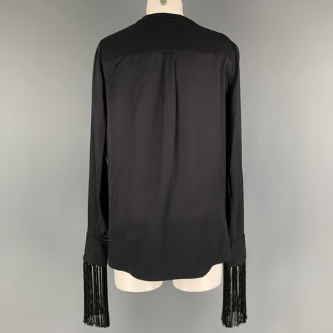 ALEXANDER MCQUEEN Size 4 Black Silk Solid Open Collar Blouse