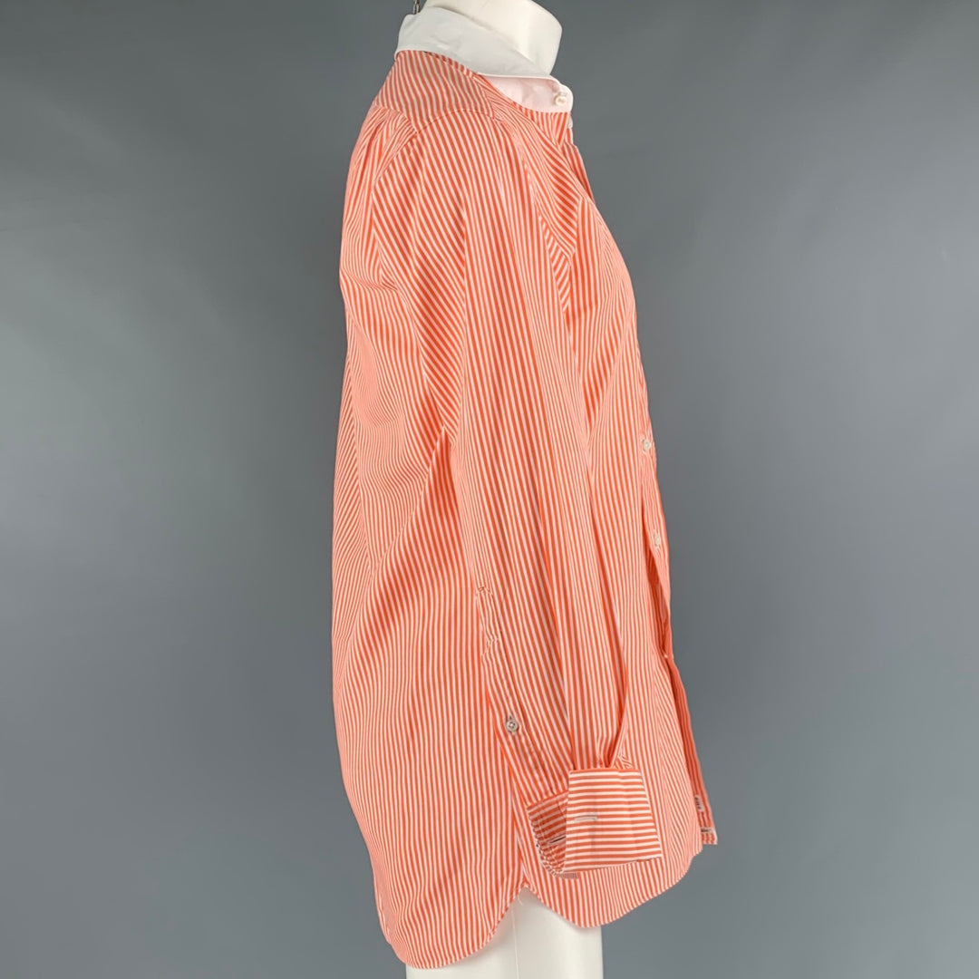 RALPH LAUREN Talla M Camisa de manga larga con puño francés de algodón a rayas blancas y naranjas