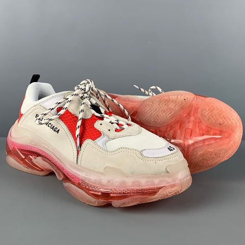 BALENCIAGA Size 12 White Red Mixed Materials Lace Up Triple S Sneakers