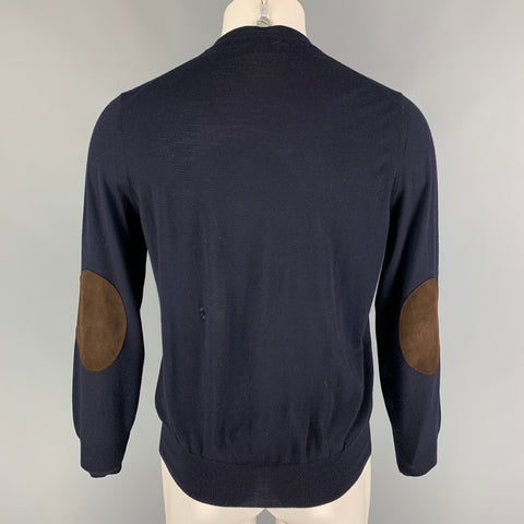BRUNELLO CUCINELLI Size M Navy Brown Wool Cashmere Elbow Patches Pullover