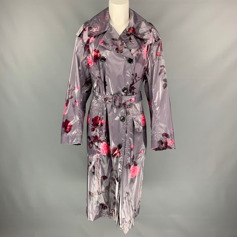 DRIES VAN NOTEN Size XS Grey & Pink Floral Polyurethane Bend Belted Trench Coat