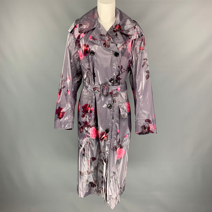 DRIES VAN NOTEN Taille XS Gris &amp;Rose Floral Polyuréthane Bend Belted Trench Coat