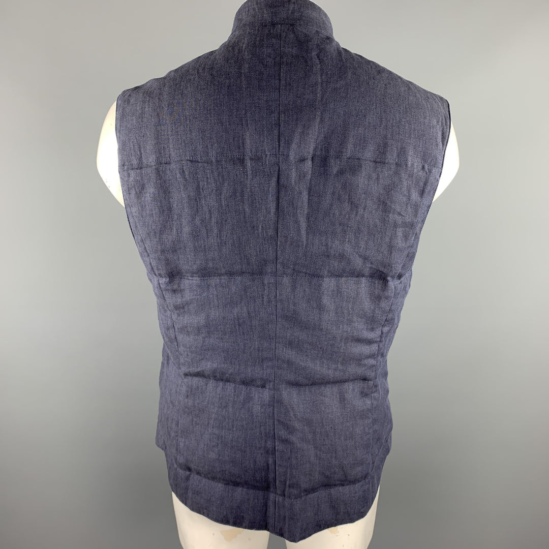 BRUNELLO CUCINELLI Size XL Navy Quilted Linen Snaps Vest