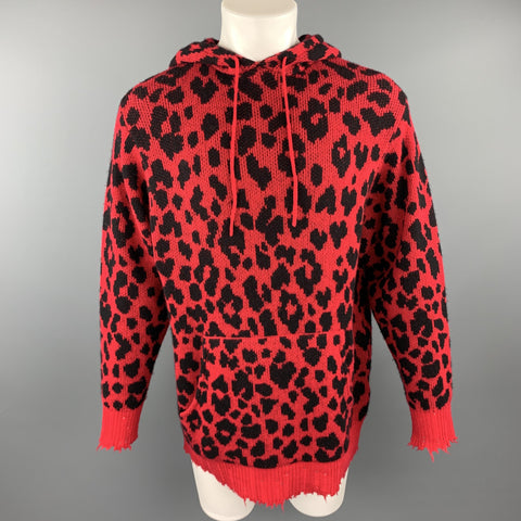 R13 Size XS Red & Black Leopard  Print Cashmere Oversized Distressed Hooded Sweater