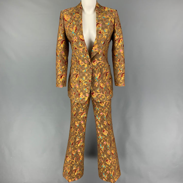 GUCCI Size 4 Tan Gold Brocade Floral Polyester Single Button Pants Suit