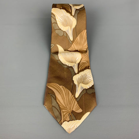 RALPH LAUREN Beige & Brown Calla Lilies Printed Silk Tie
