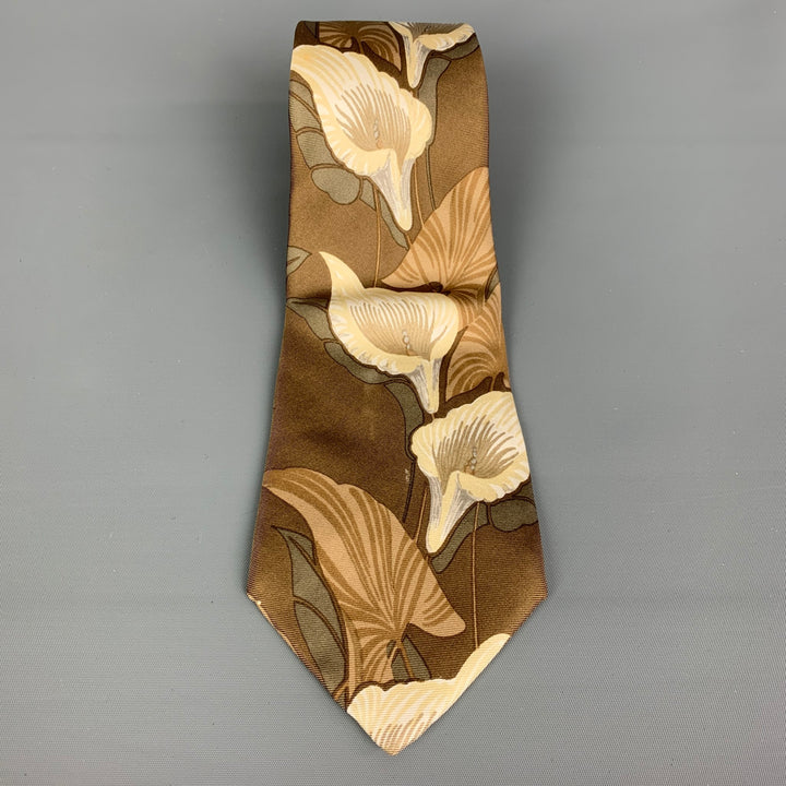 RALPH LAUREN Beige & Brown Calla Lilies Printed Silk Tie