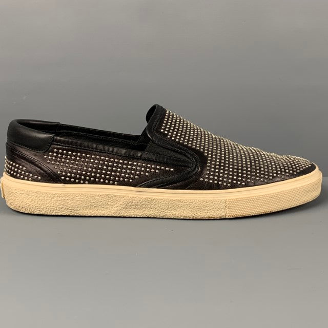 SAINT LAURENT Size 10.5 Black Studded Leather Slip On Silver Sneakers