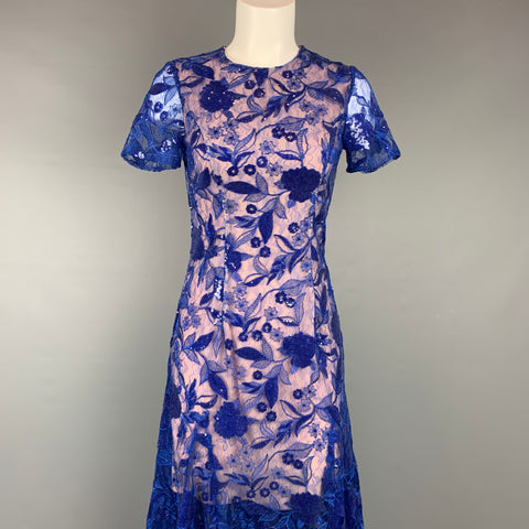 COSTARELLOS Size 4 Blue & Nude Sequin Embroidered Polyester / Nylon Cocktail Dress